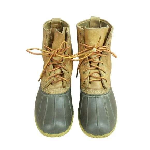 LL Bean Brown Leather Lace Up Round Toe Unlined Ankle Duck Boots Size 9 M - Picture 5 of 9